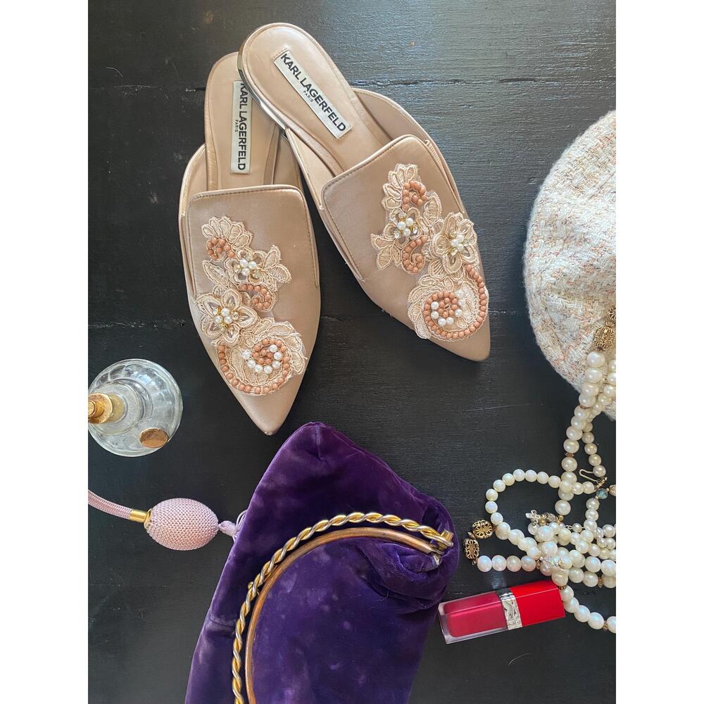 Karl Lagerfeld pink satin embroidered mules, size 6.5